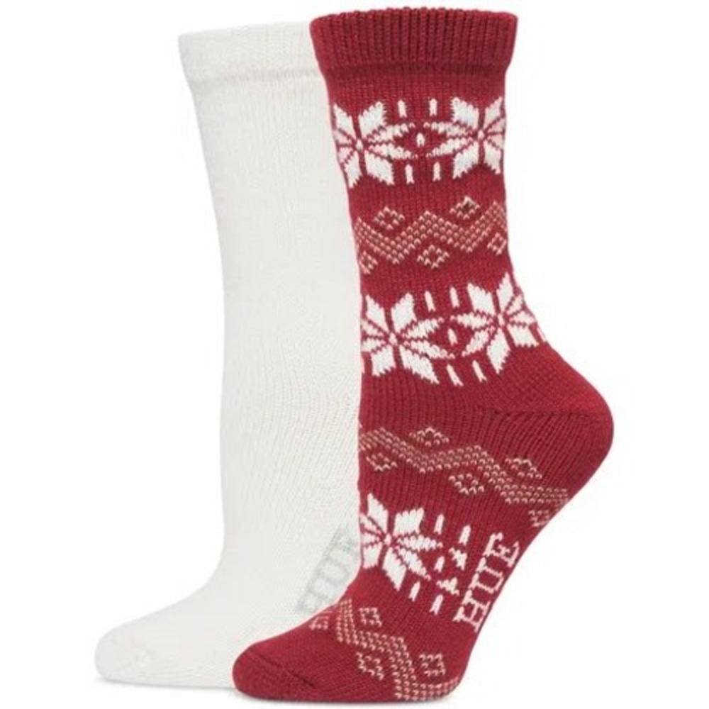 HUE Womens Boot Socks 2 Pack Heavyweight Fair Isle Snowflake Red Cream One Size